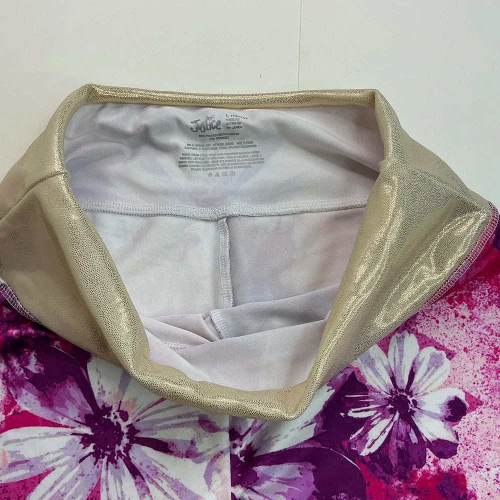 Justice Multi Pink Floral Leggings Kids Size L 12/14 Gold Metallic Waistband
